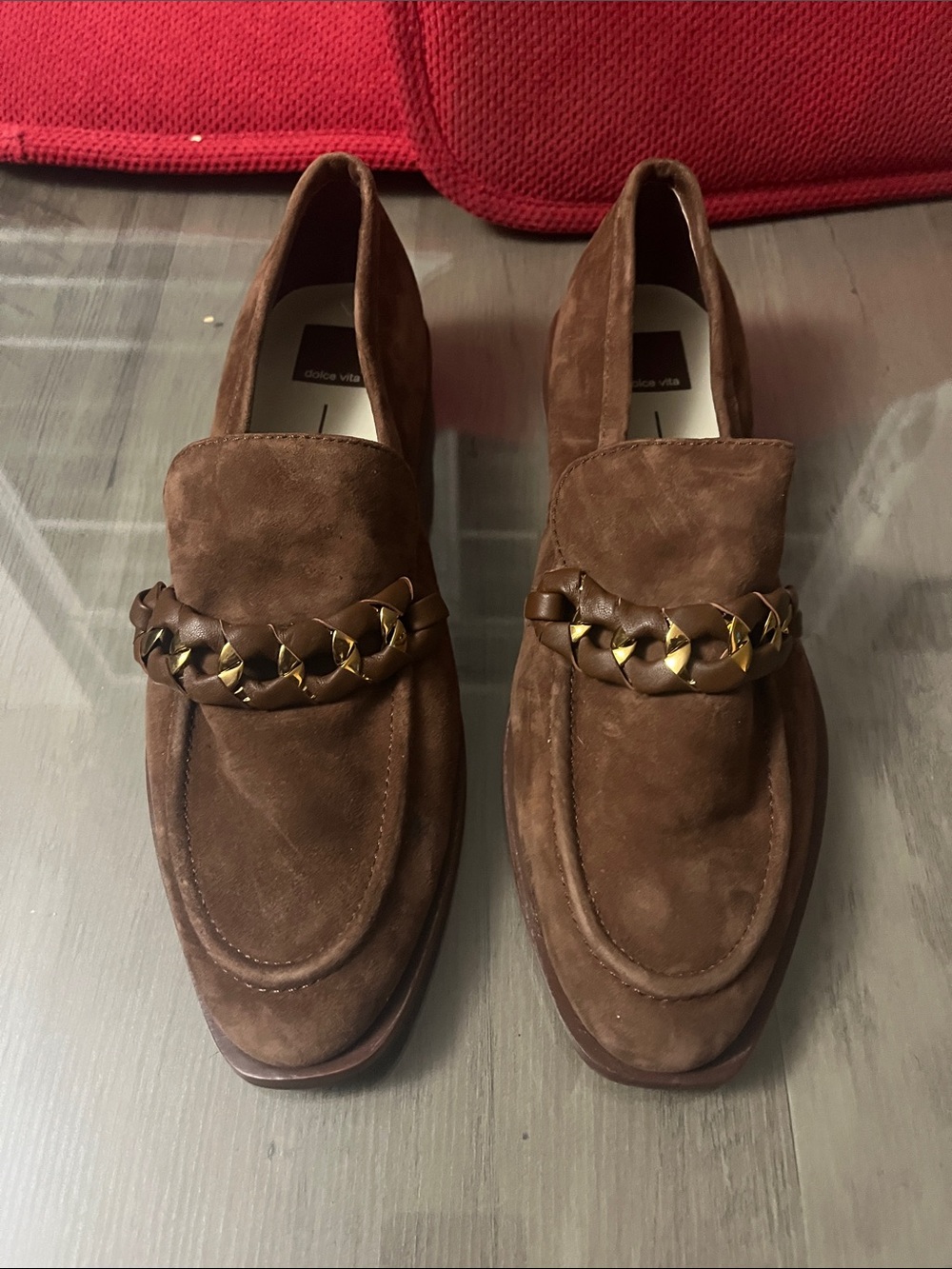Dolce Vita Brown Suede Loafers with Gold Chain Accent